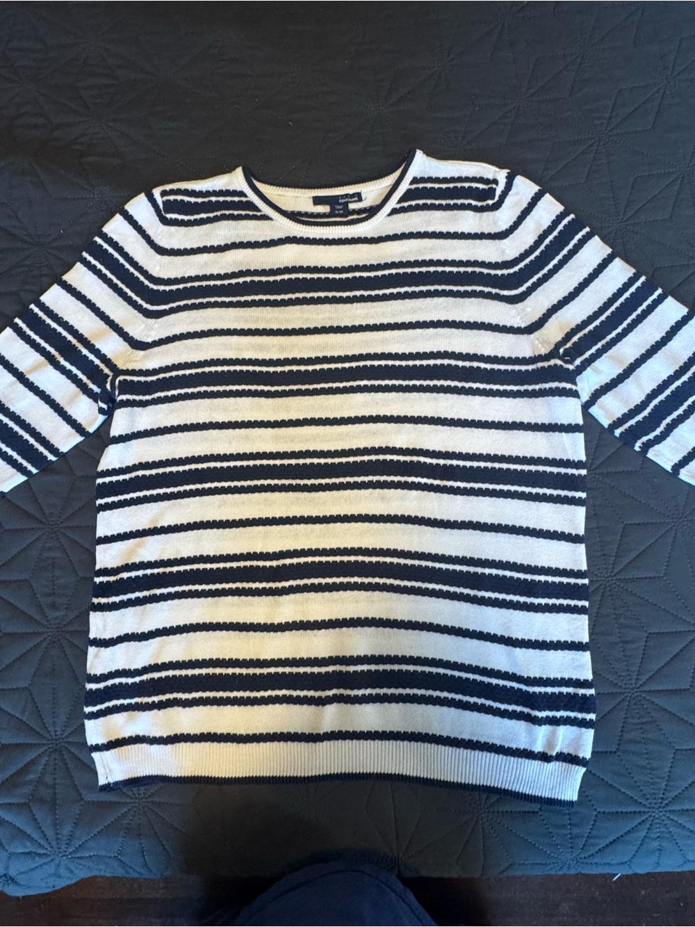 Basic Editions White and Black Striped Crewneck Sweater